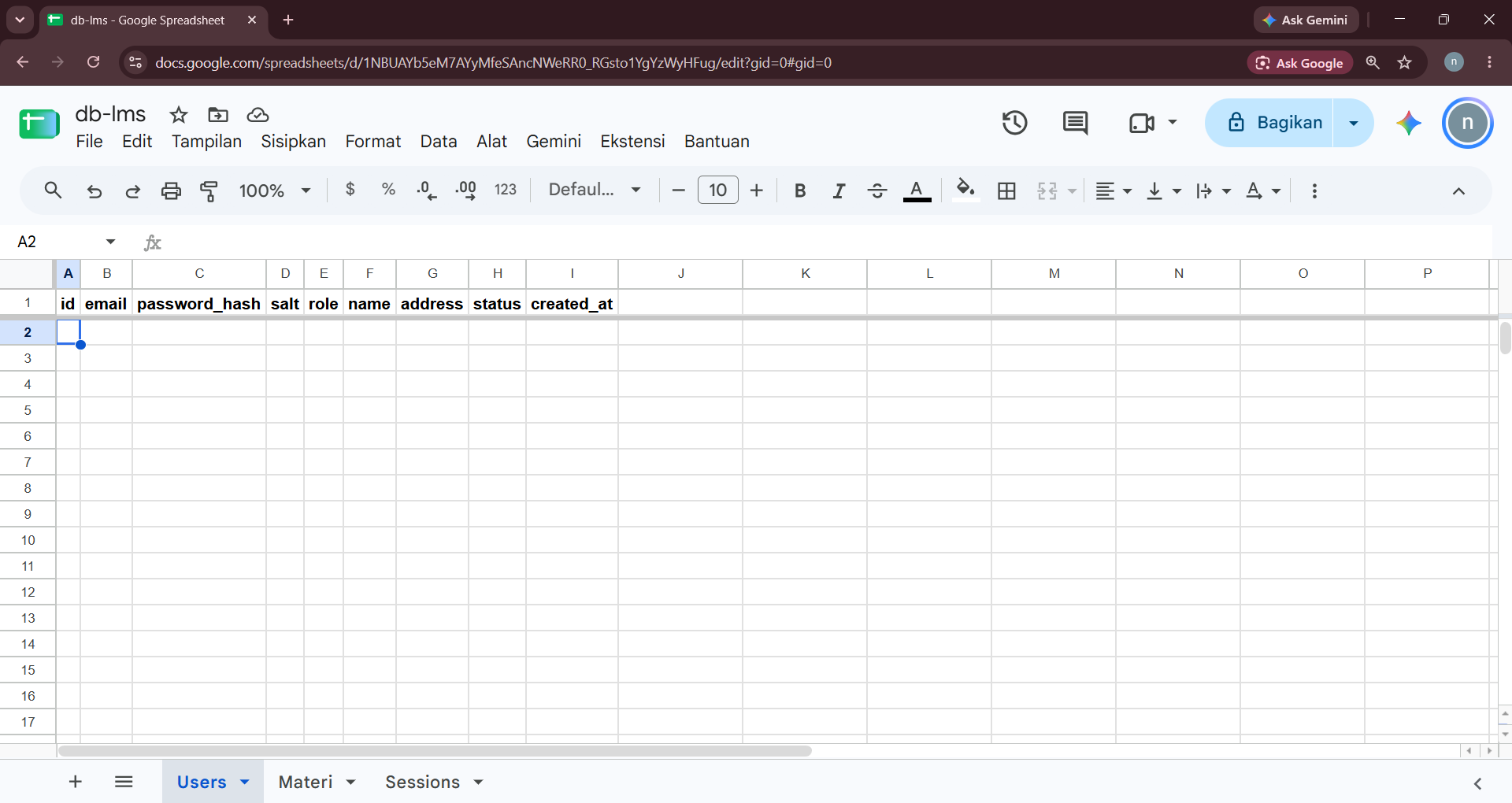 Contoh spreadsheet db-lms dengan tab Users, Materi, dan Sessions